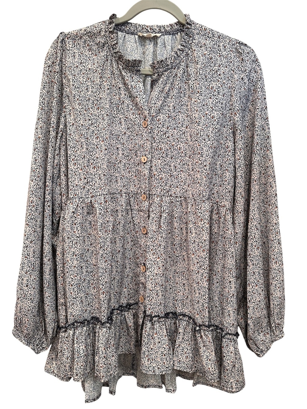 Easel Floral Ruffle Button-Front Blouse Top Tunic Ruffles Feminine Sz M